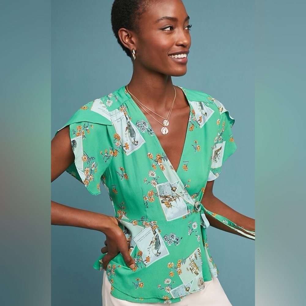 ANTHROPOLOGIE Meadow Rue Bon Voyage Green Wrap Top